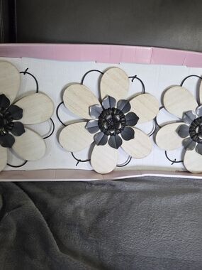 Wood & Metal Flower Wall Trio - Cream and Black